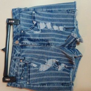Indigo Rain Distressed Vertcal Pinstriped Denim Shorts Shredded Raw Hemline